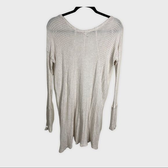 Free People Waffle Knit Thermal Cream Long Sleeve Dress with Raw Edges - Picture 2 of 4